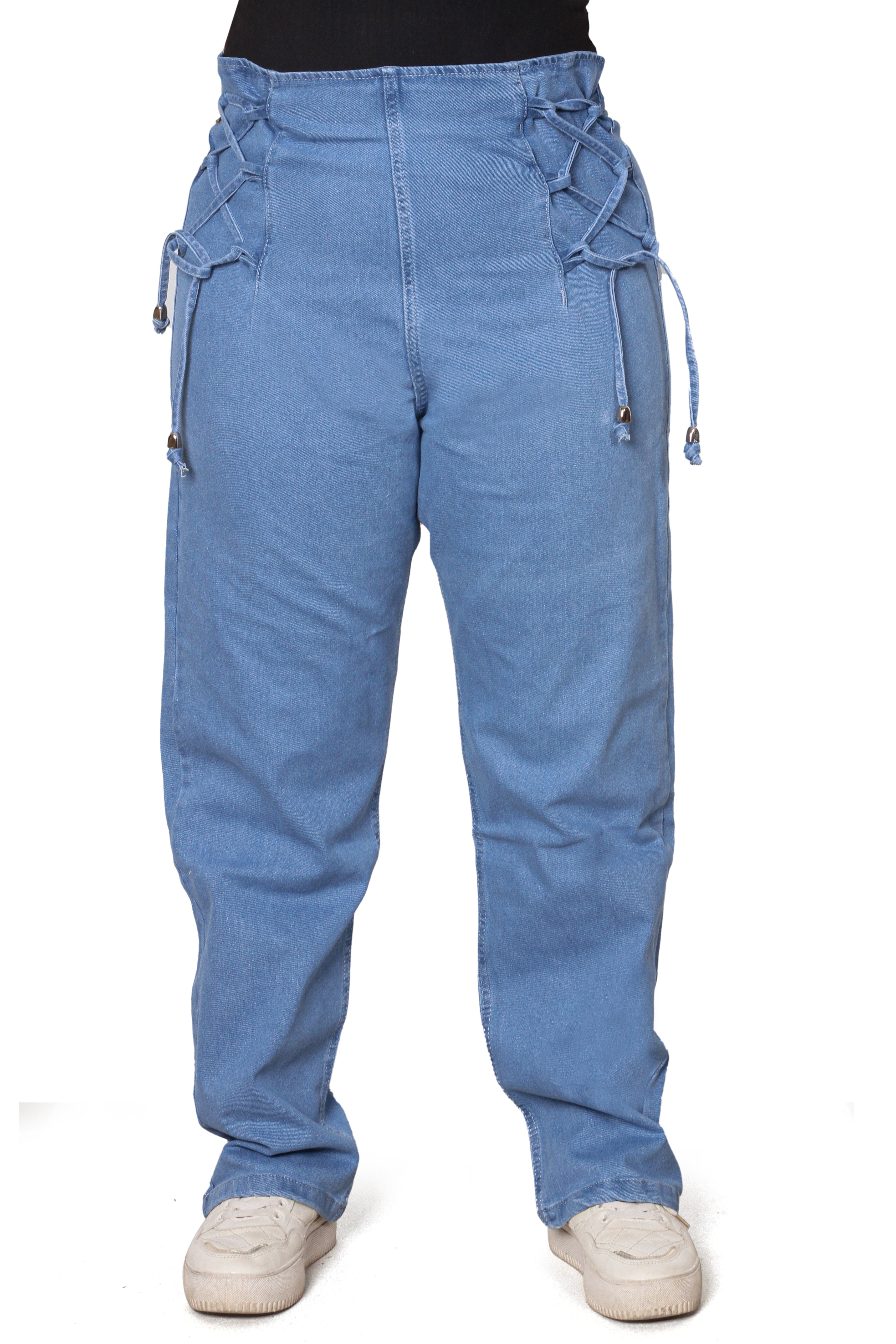 High-Waisted Side Lace-Up Denim Pants – Light Blue