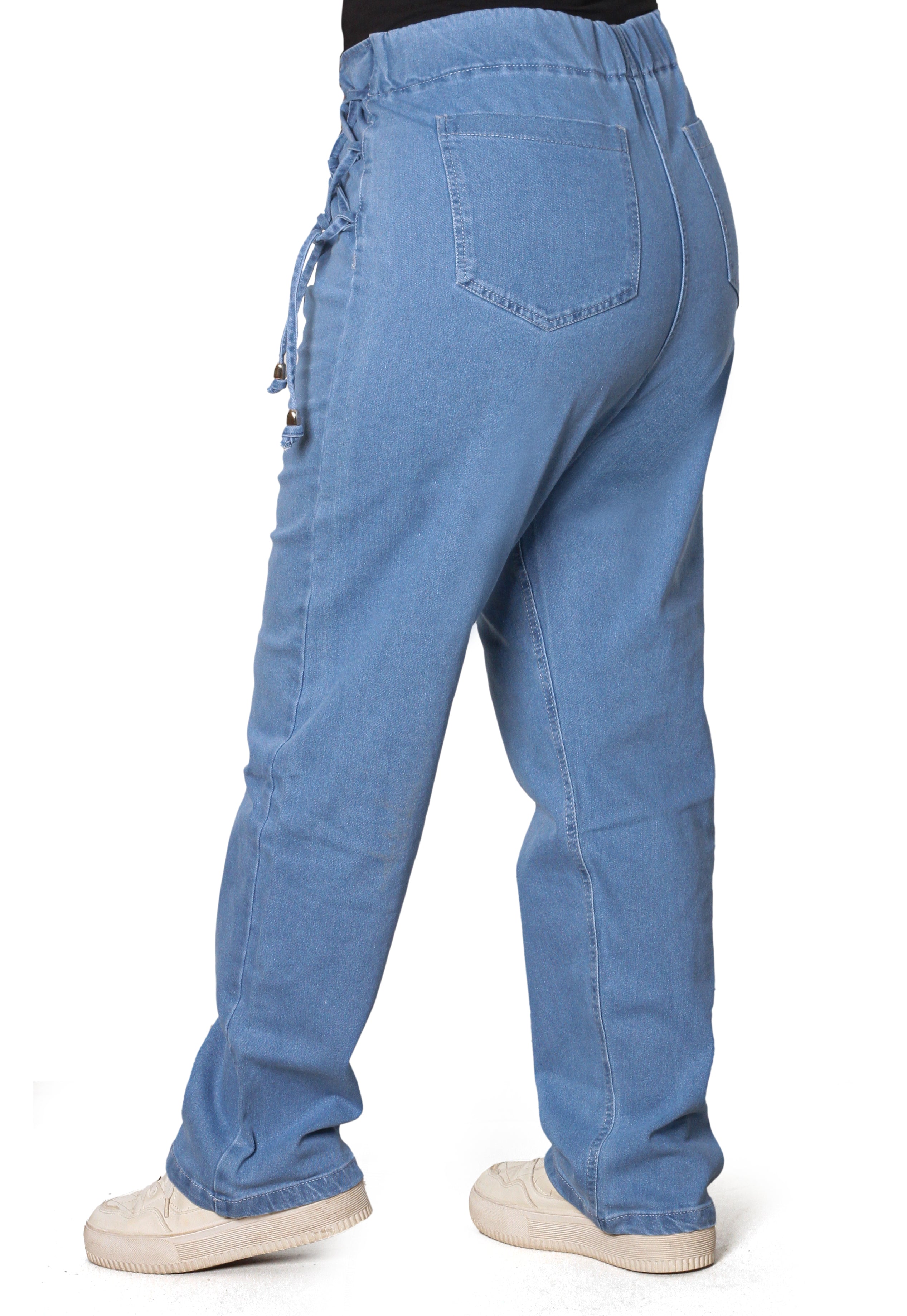 High-Waisted Side Lace-Up Denim Pants – Light Blue