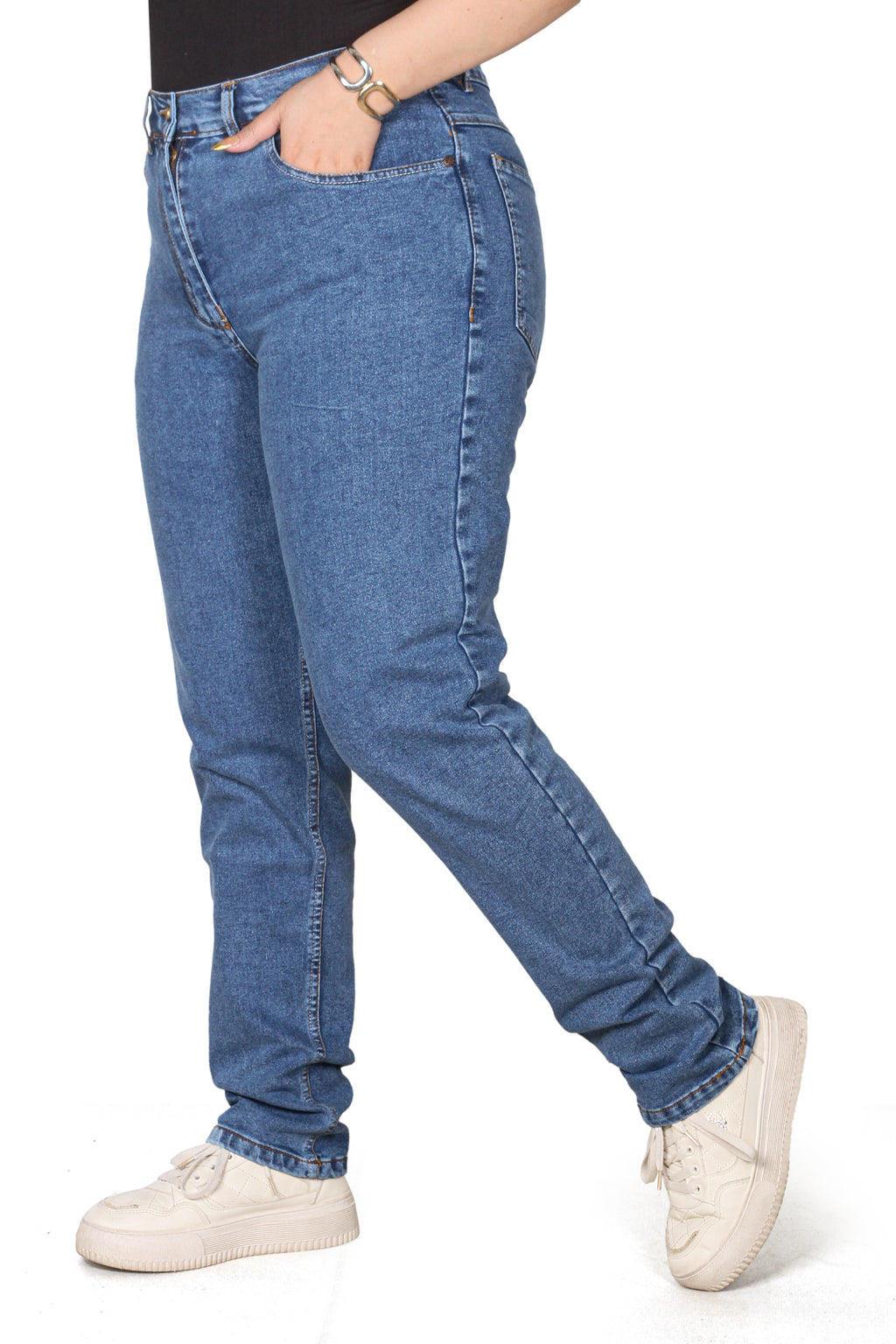 High-Waist Slim Jeans with Dual-Tone Stitching