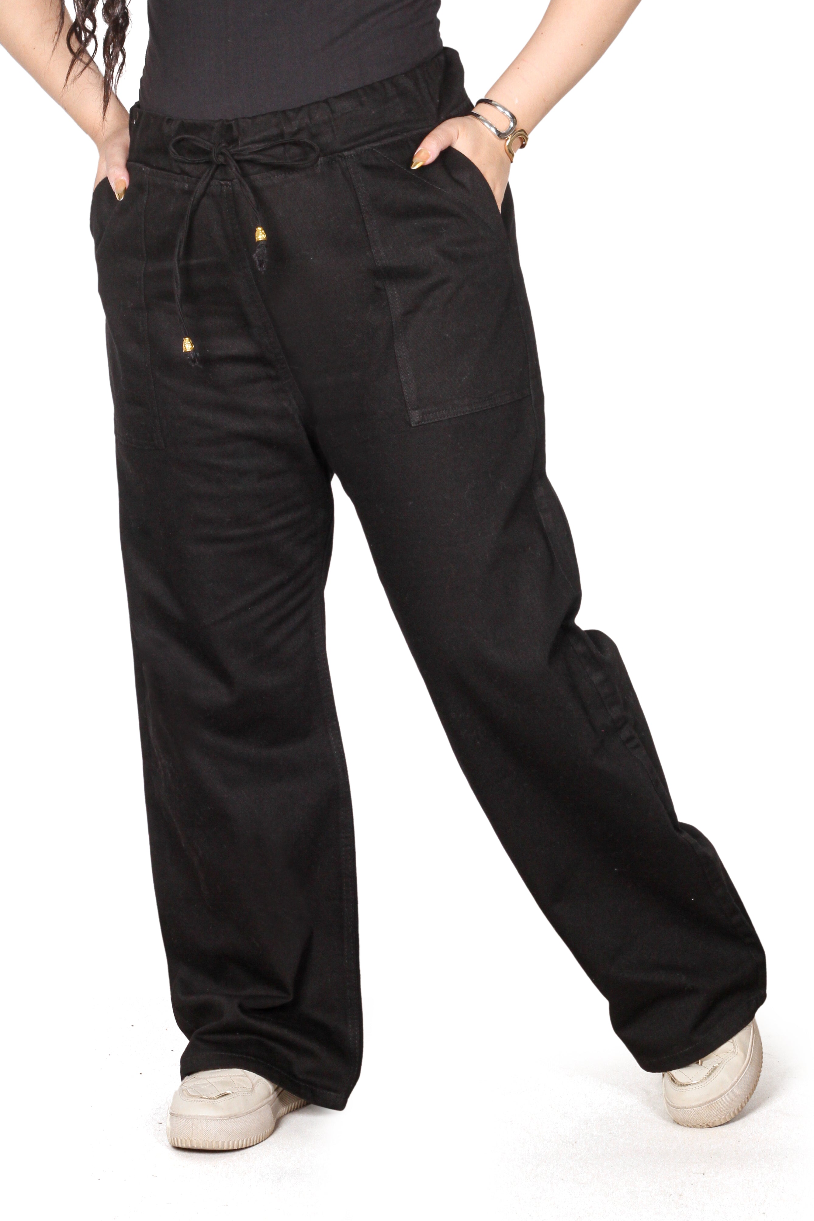 Premium Gabardine Relaxed Drawstring Wide-Leg Trousers - Pitch Black