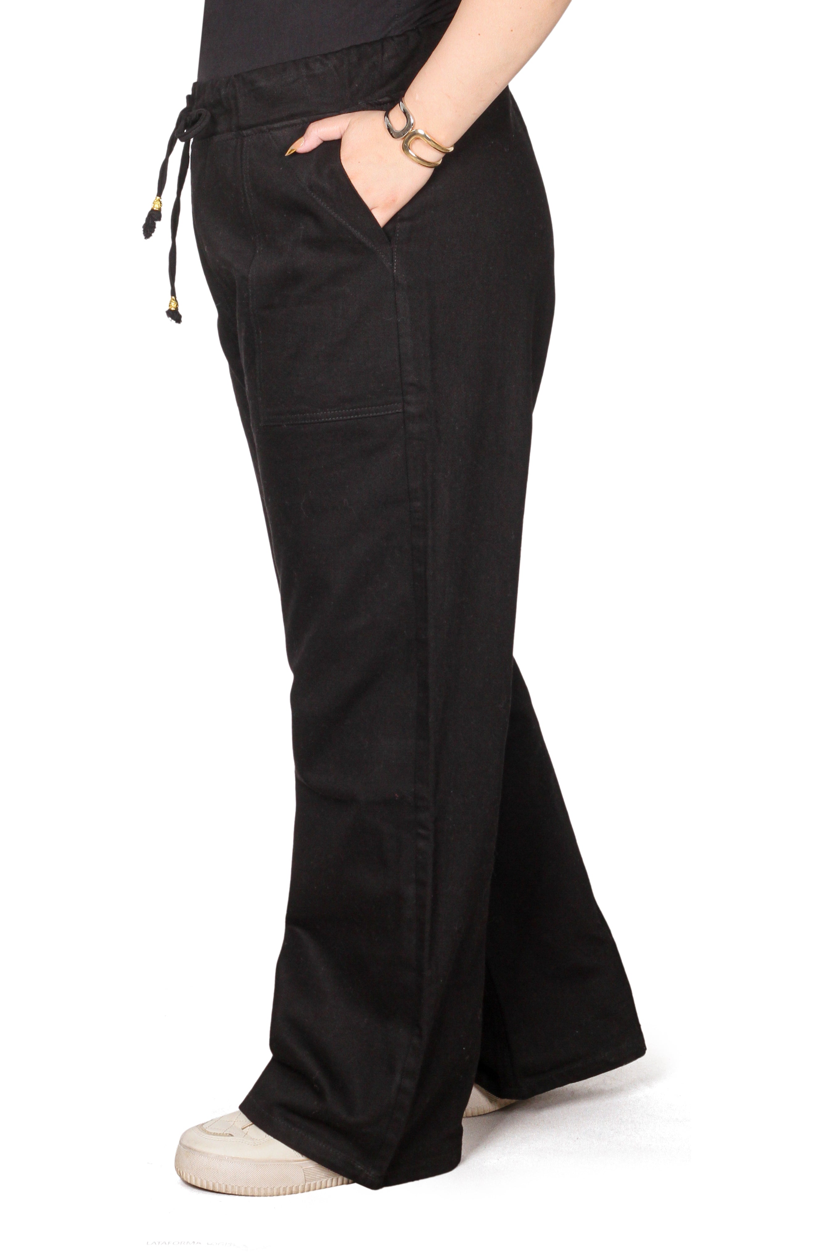 Premium Gabardine Relaxed Drawstring Wide-Leg Trousers - Pitch Black