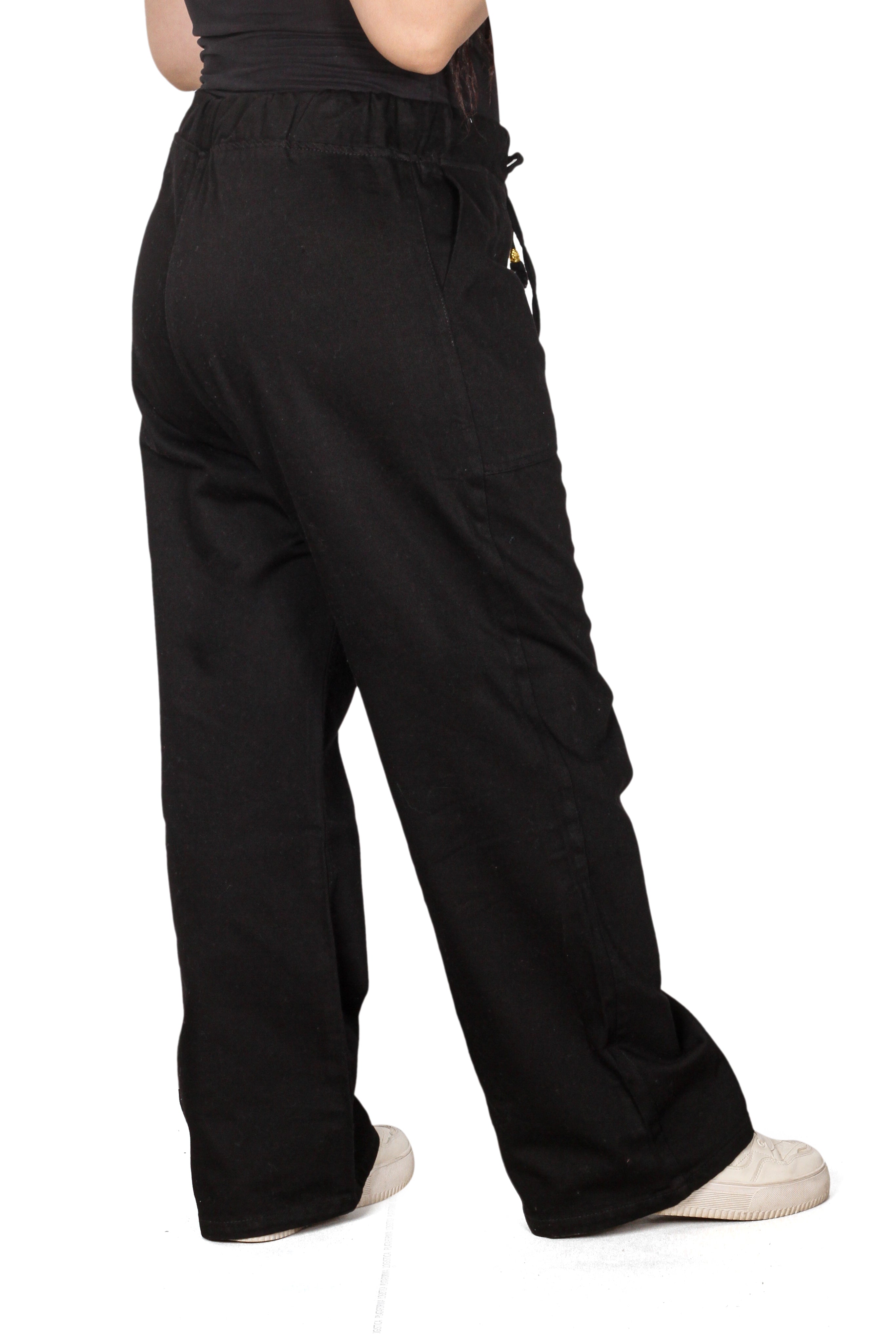 Premium Gabardine Relaxed Drawstring Wide-Leg Trousers - Pitch Black