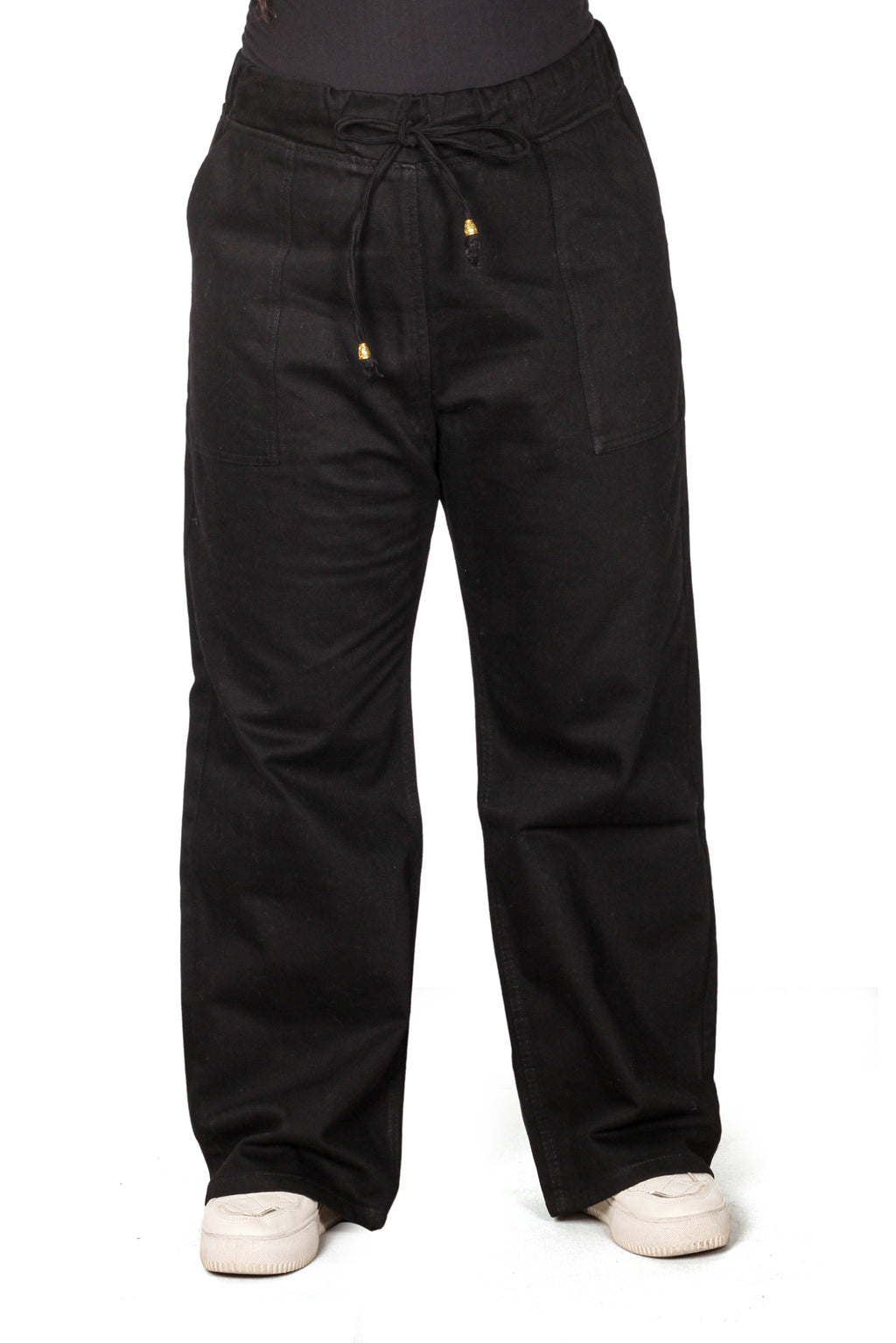 Premium Gabardine Relaxed Drawstring Wide-Leg Trousers - Pitch Black