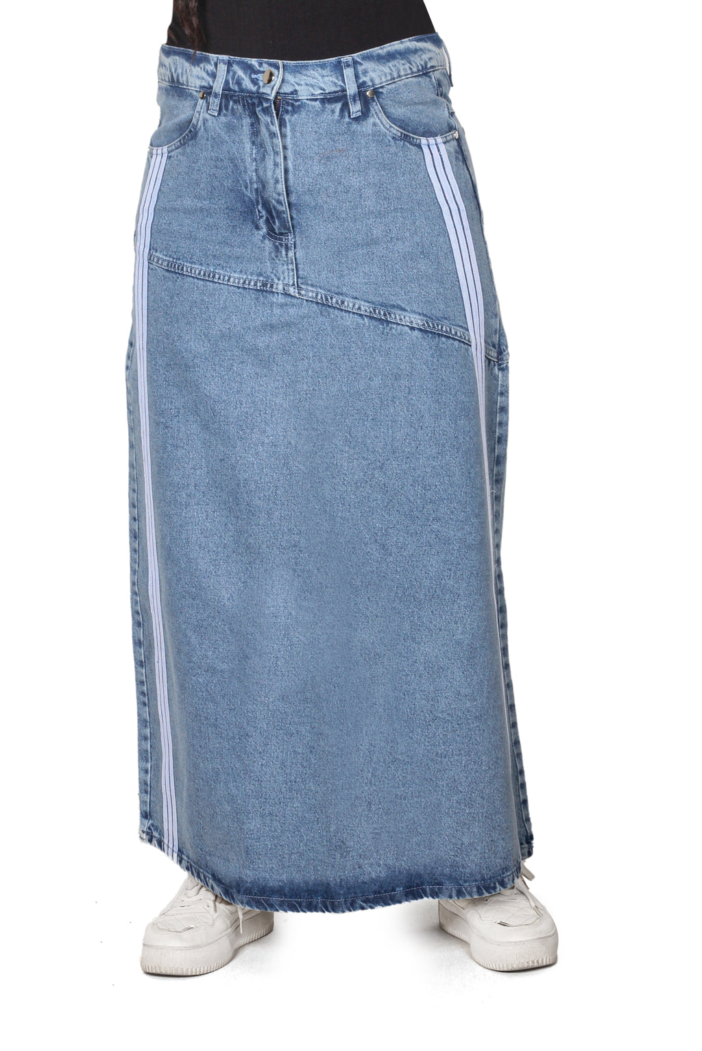 Sporty Long Denim Maxi Skirt with Side Stripes