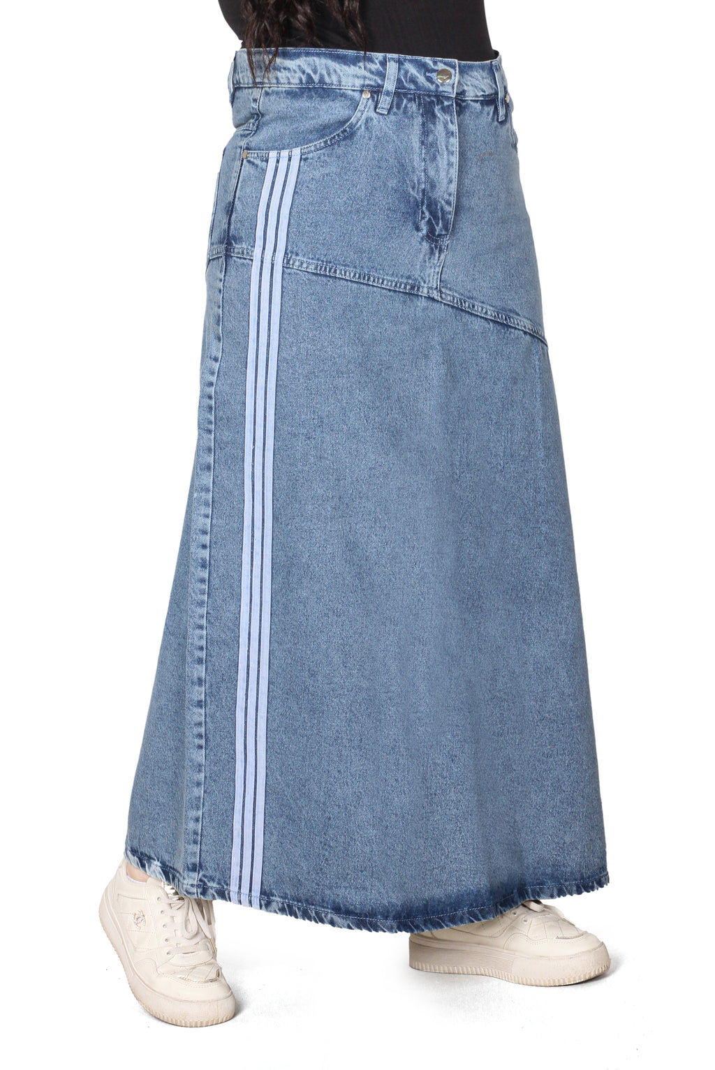 Sporty Long Denim Maxi Skirt with Side Stripes