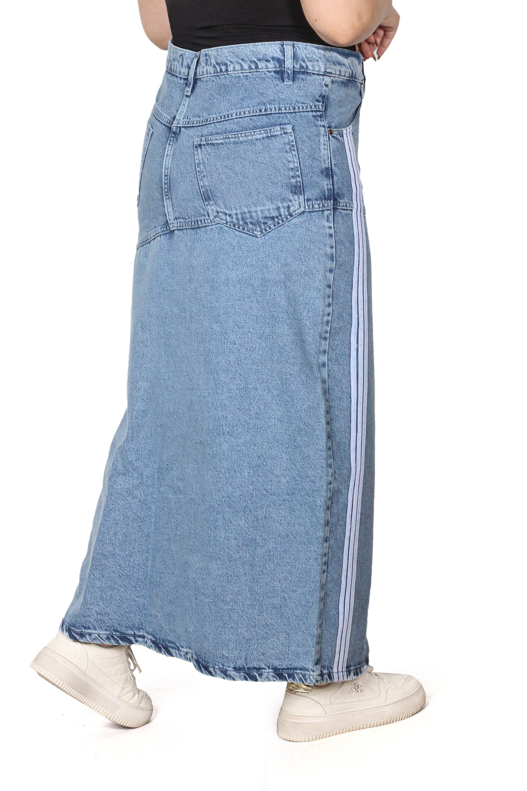 Sporty Long Denim Maxi Skirt with Side Stripes
