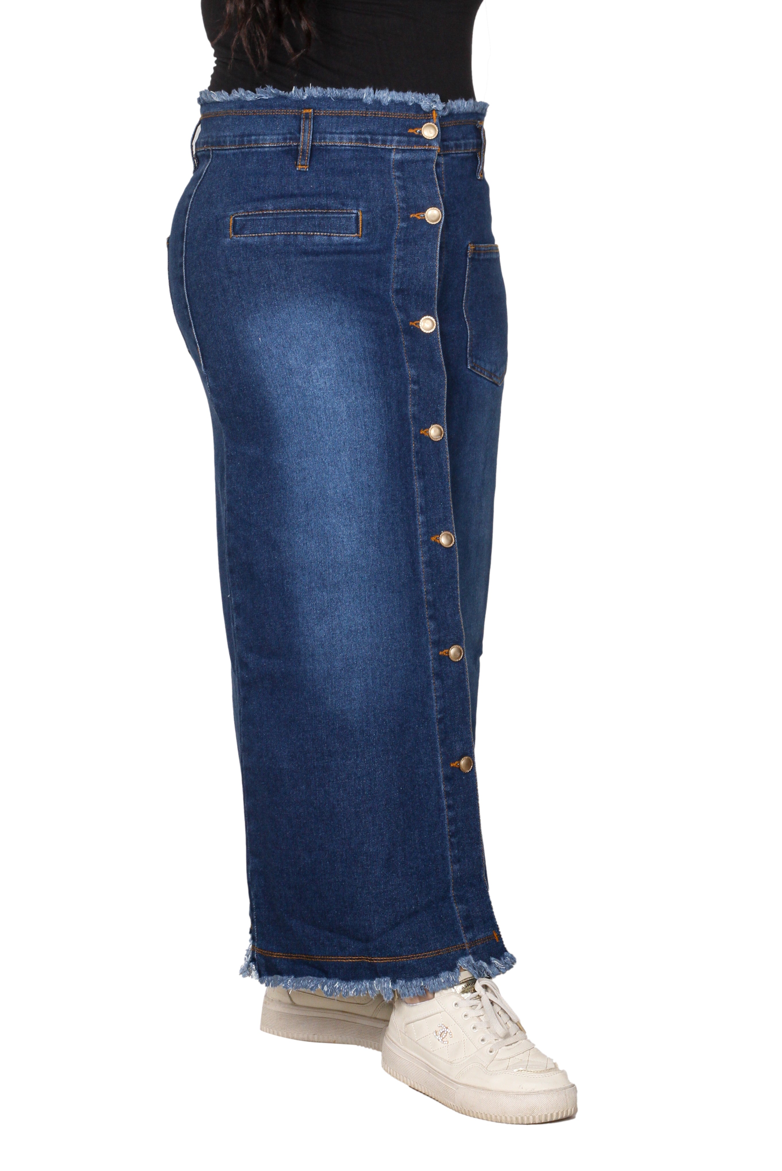 Modern Frayed-Edge Button-Down Denim Skirt