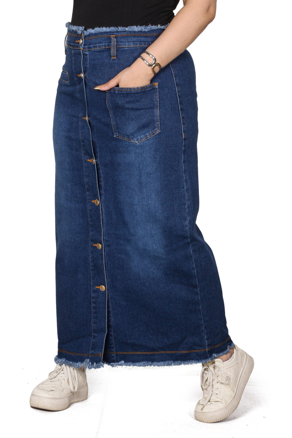 Modern Frayed-Edge Button-Down Denim Skirt