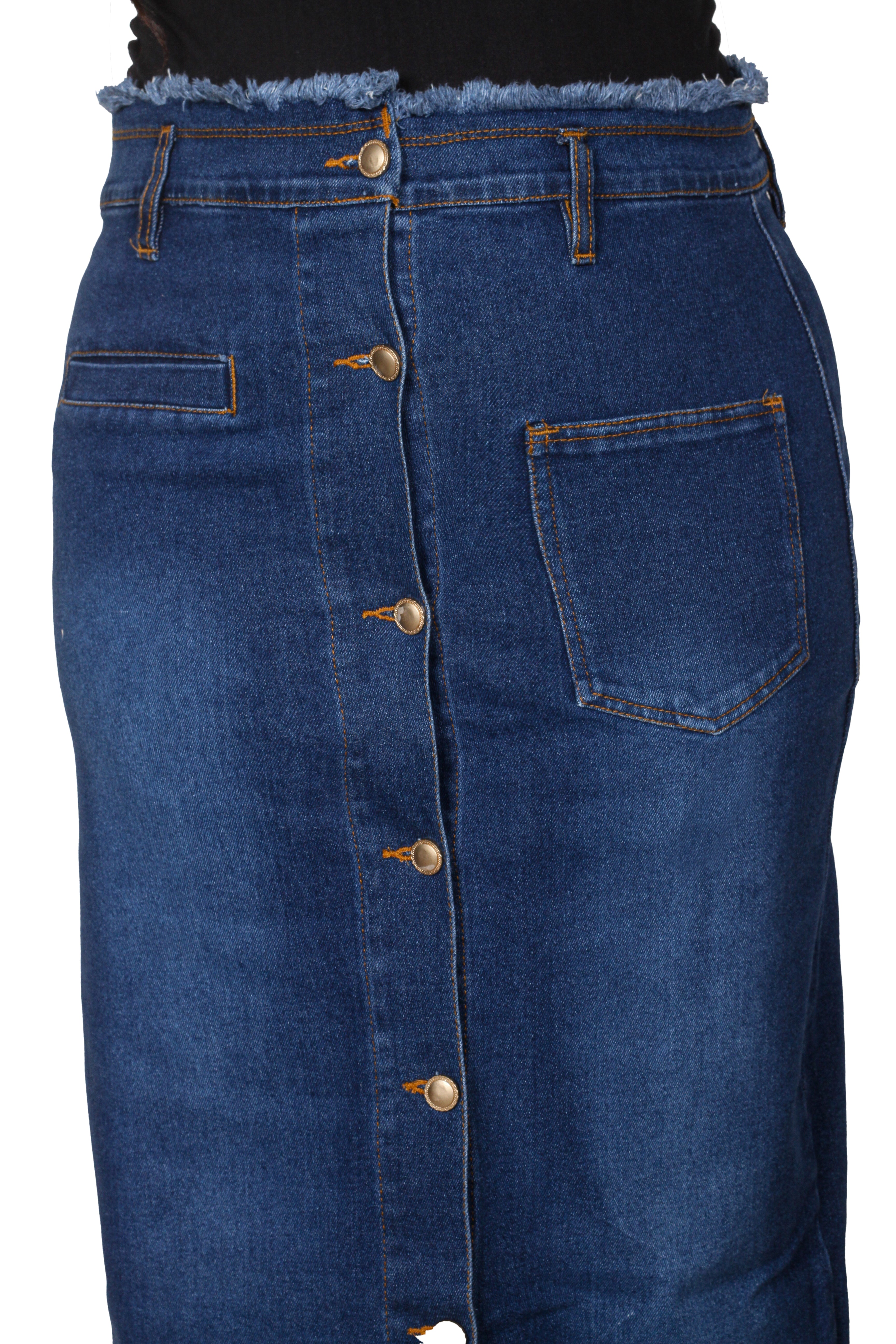 Modern Frayed-Edge Button-Down Denim Skirt